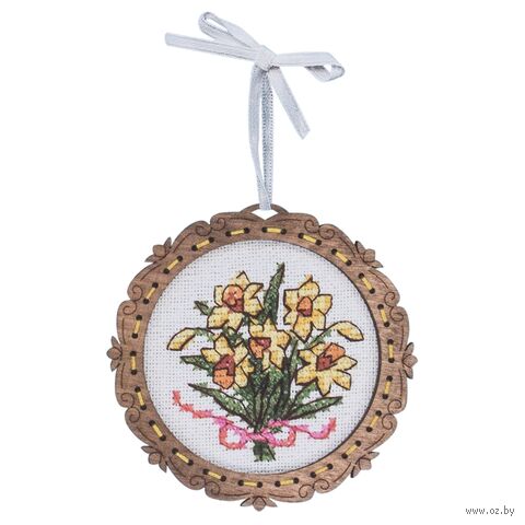 Набор для вышивания на деревянной основе "Миниатюра. Букет нарциссов" (80х80 мм) — фото, картинка