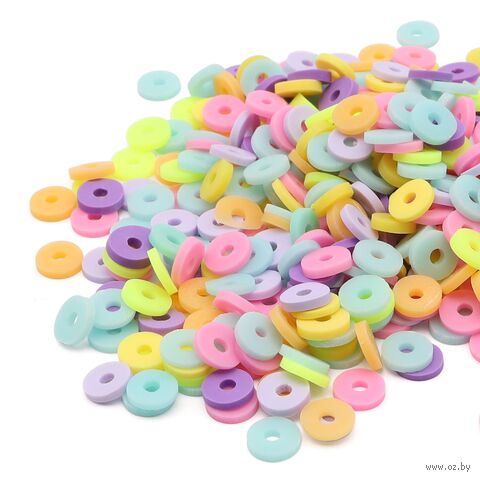 Бусины из полимерной глины "Колечки" (6 мм; розовый, зеленый, желтый микс) — фото, картинка