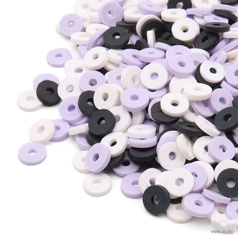 Бусины из полимерной глины "Колечки" (6 мм; белый, черный, светло-сиреневый микс) — фото, картинка