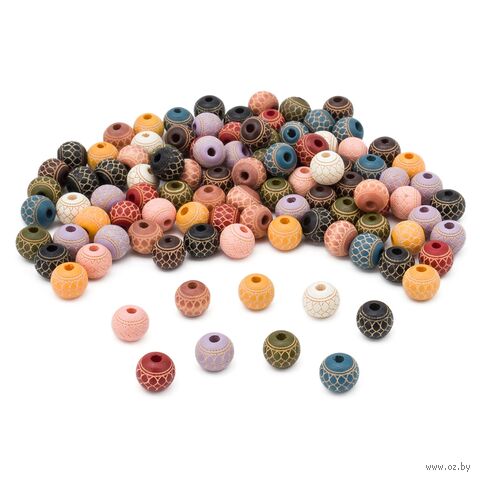 Набор деревянных бусин "С ажурным орнаментом" (10 мм; 100 шт.; цветной микс) — фото, картинка