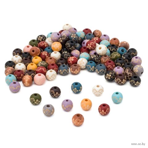 Набор деревянных бусин "С цветочным орнаментом" (10 мм; 100 шт.; цветной микс) — фото, картинка