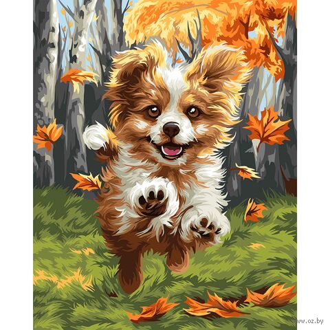 Картина по номерам "Собачка резвится в листьях" (40х50 см) — фото, картинка