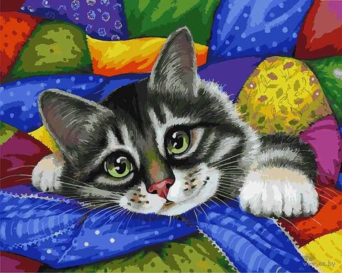 Картина по номерам "Котик в лоскутках" (400х500 мм) — фото, картинка
