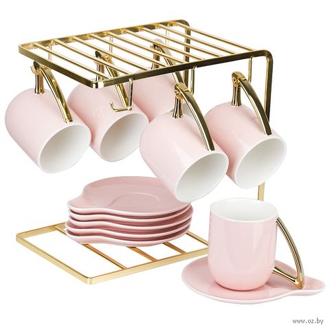Набор чашек с блюдцами "5th Avenue. Pink. На металлической подставке" (13 предметов) — фото, картинка