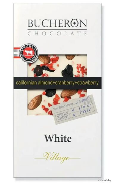 Шоколад белый "Bucheron. С миндалем, клюквой и клубникой" (85 г) — фото, картинка