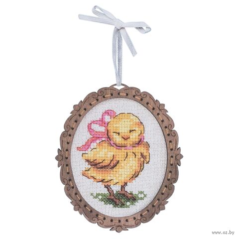 Набор для вышивания на деревянной основе "Миниатюра. Цыпленок с бантом" (90х100 мм) — фото, картинка