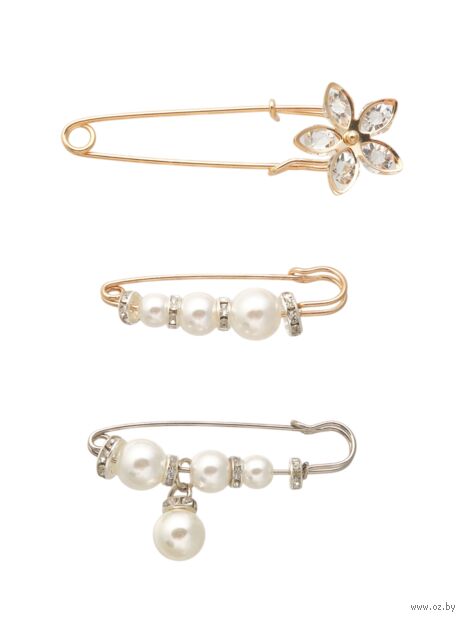 Набор булавок "Жемчужины и цветы" (3 шт.; белый в золоте и серебре) — фото, картинка
